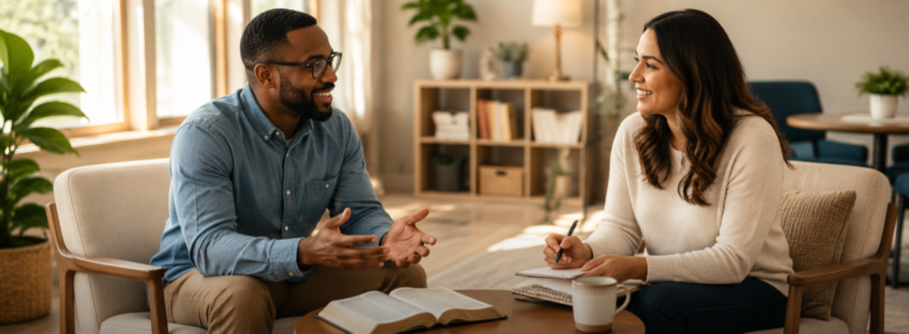 Two people in warm conversation with an open Bible on the table